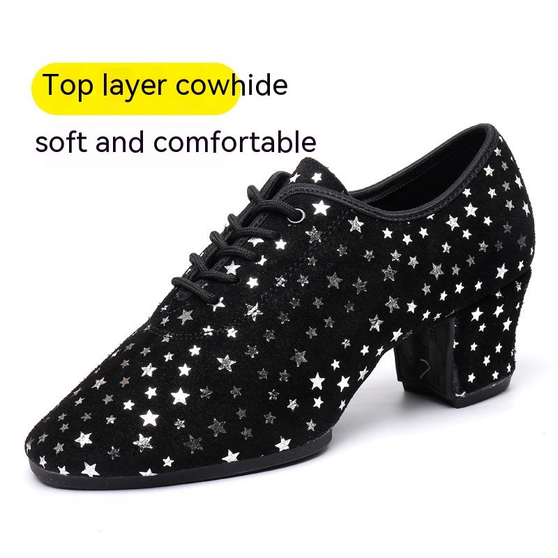 Dancing PA Female Teacher Latin Dance Shoes Suede Cowhide Square Dance Soft Bottom Starry Sky