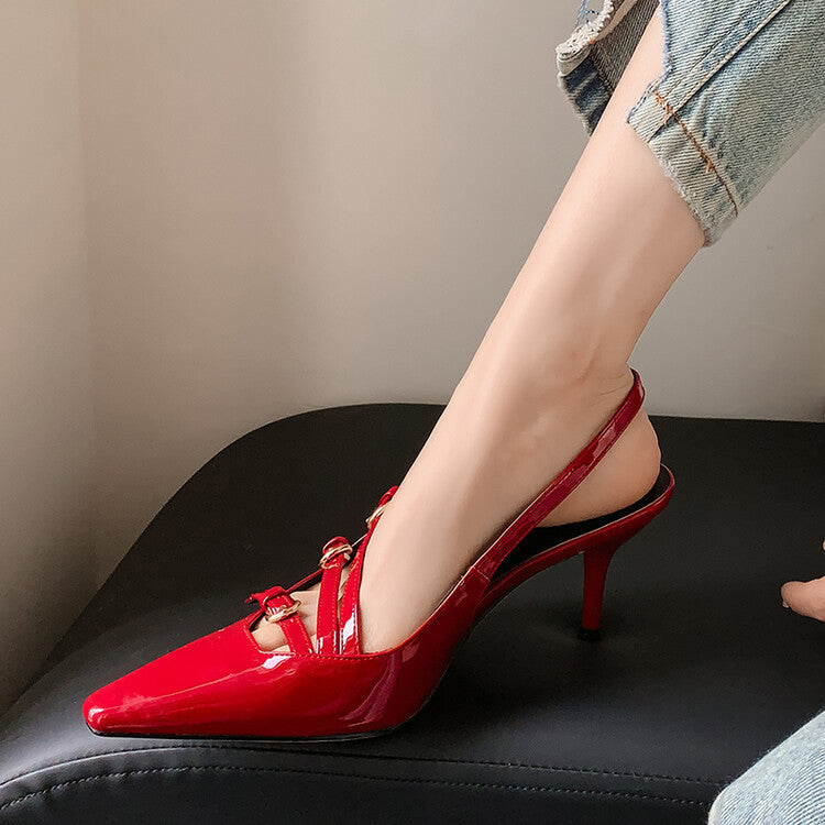 Belt Buckle Pointed-toe Red High Heels Women's Stiletto Heel Fairy Style