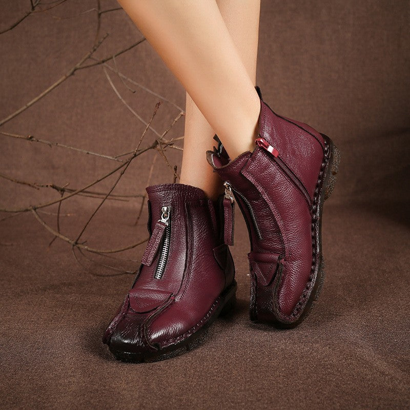 Women's Fashion Retro Warm Fleece-lined Genuine Leather Cotton-padded Shoes