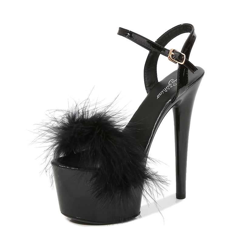 Patent Leather Stilettos Platform Sandals Fur High Heels