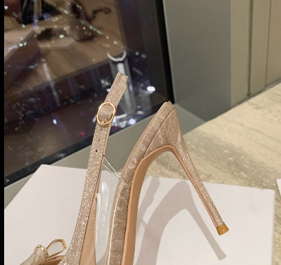 Zapatos de tacón de aguja de corte bajo para mujer con lazo plateado de cristal