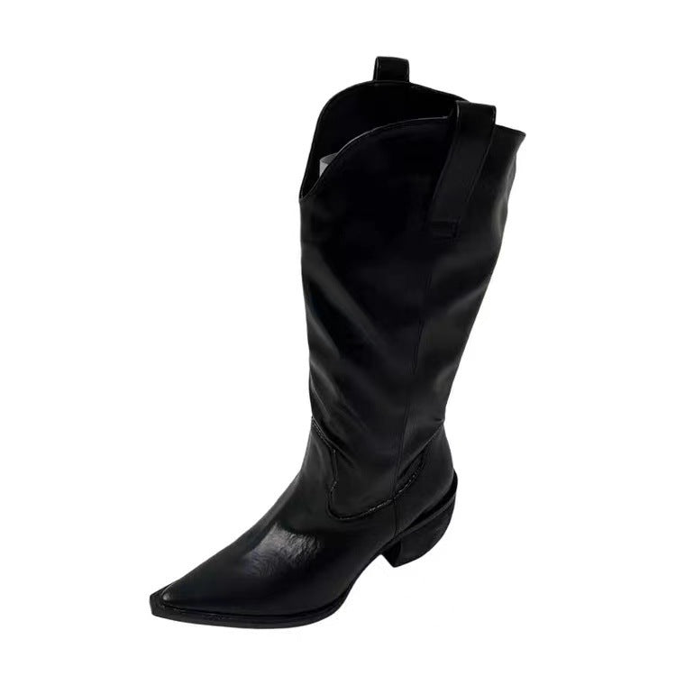 Western Cowboy Boots With Pointed Toe And Thick Heel