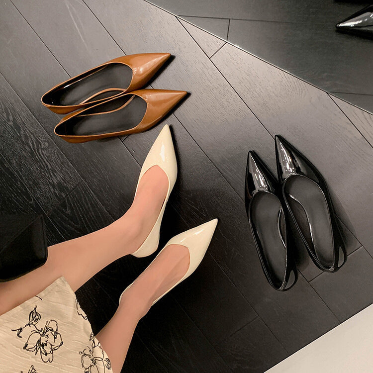 Stiletto Heel Pointed Toe V-shaped Mouth Pumps Patent Sheepskin Korean Style