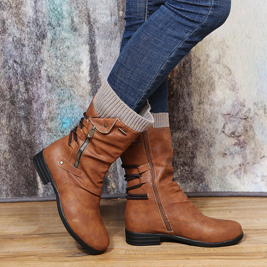 New Autumn And Winter Large Size Woolen Edge Round Head Side Zipper Women's Leather Boots