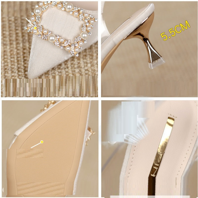 High Heel Sandals New Style Baotou One Word Buckle Pointed Thin Heel Rhinestone Sandals