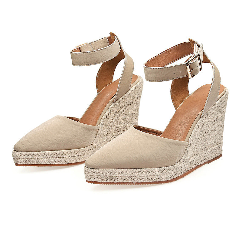 Women's Straw Woven Wedge Platform High Heel Pointed Sandals