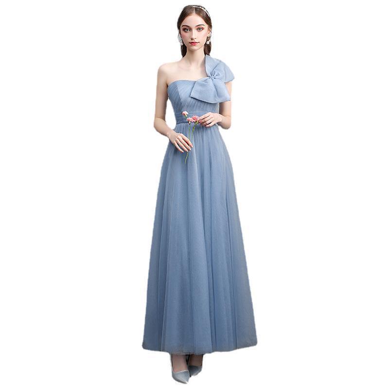 Robe de banquet à épaules dénudées gris-bleu pour femme