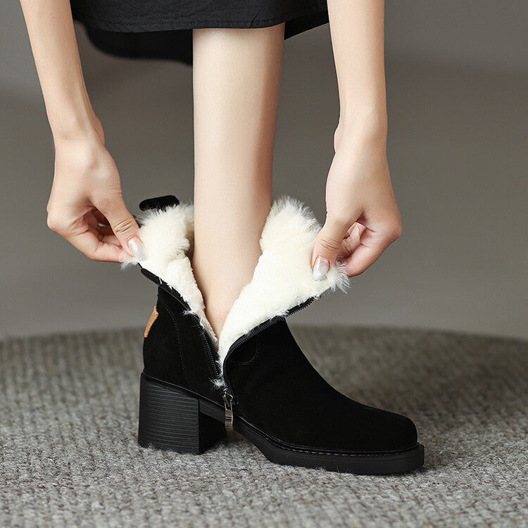 Round Head Medium Thick Heel Side Zipper Short Boots