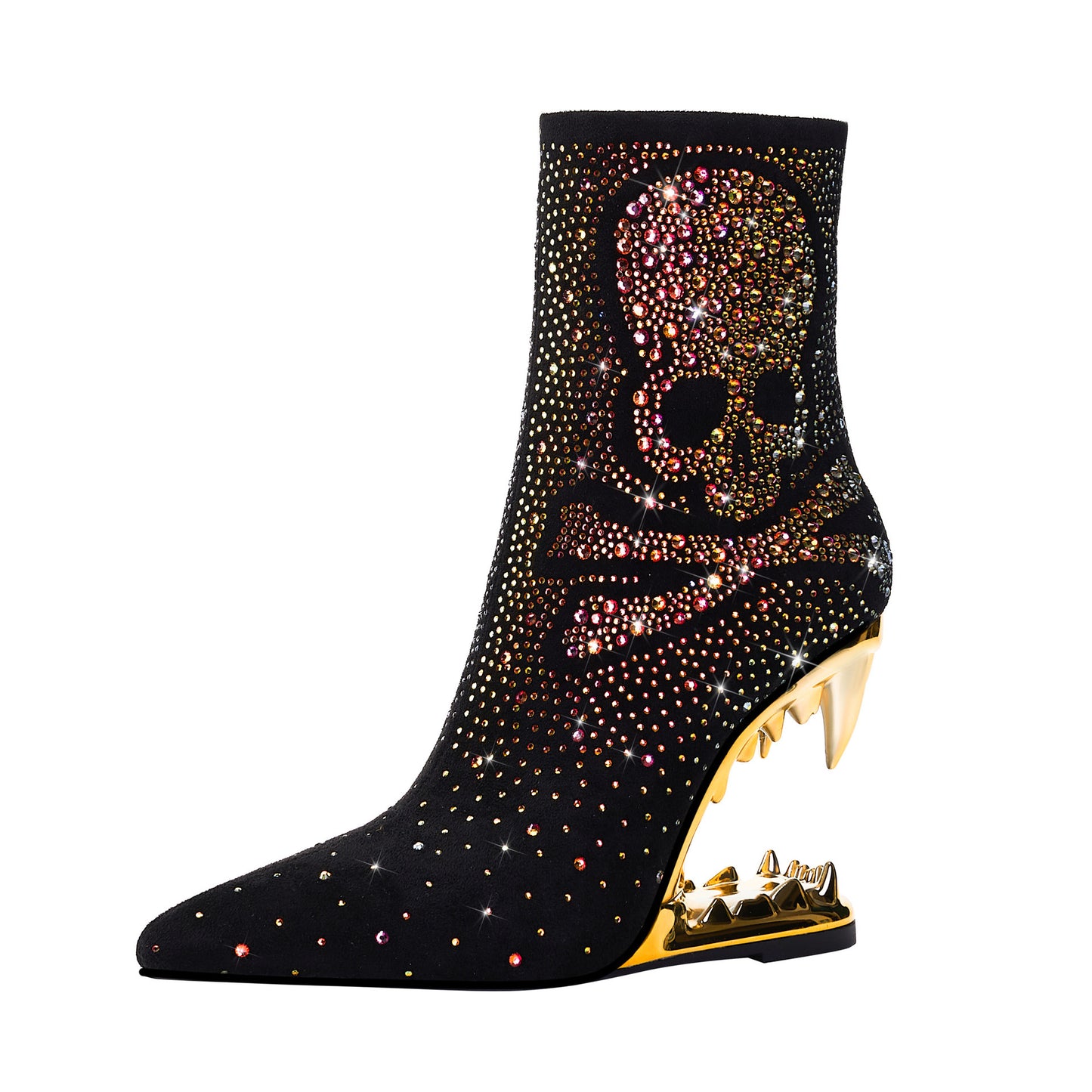 Pointed Toe Rhinestone Tiger Tooth Profiled Heel Skull Booties