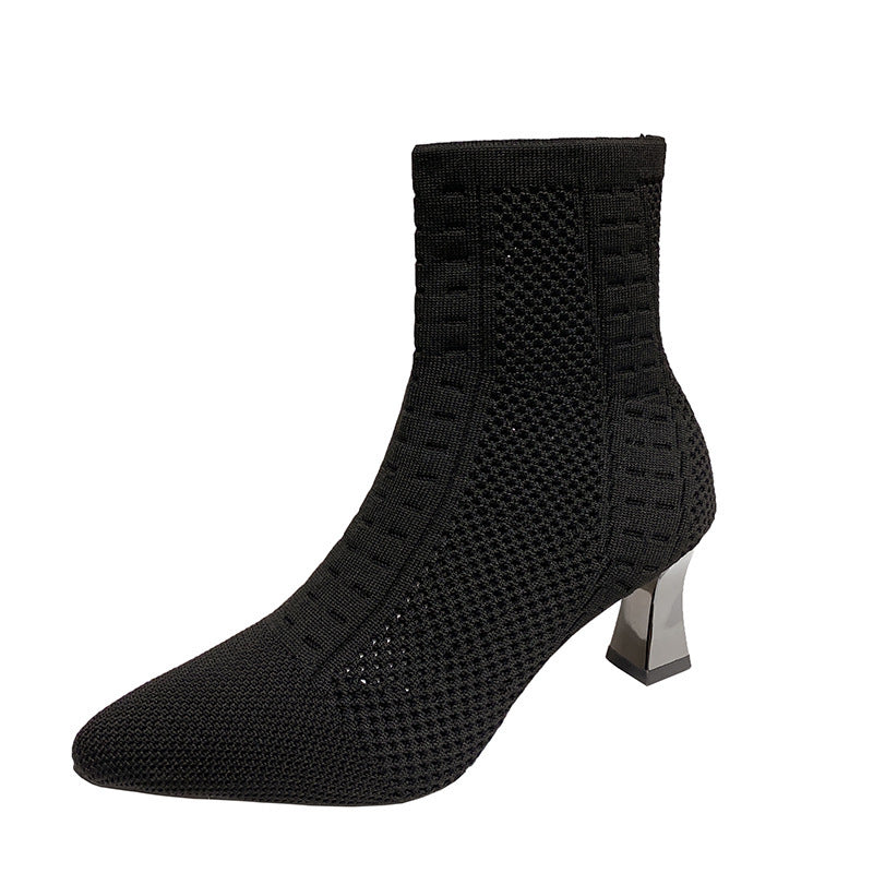 Knitted Sock Boots Women's Plus Size Short Pointed Chunky Heel