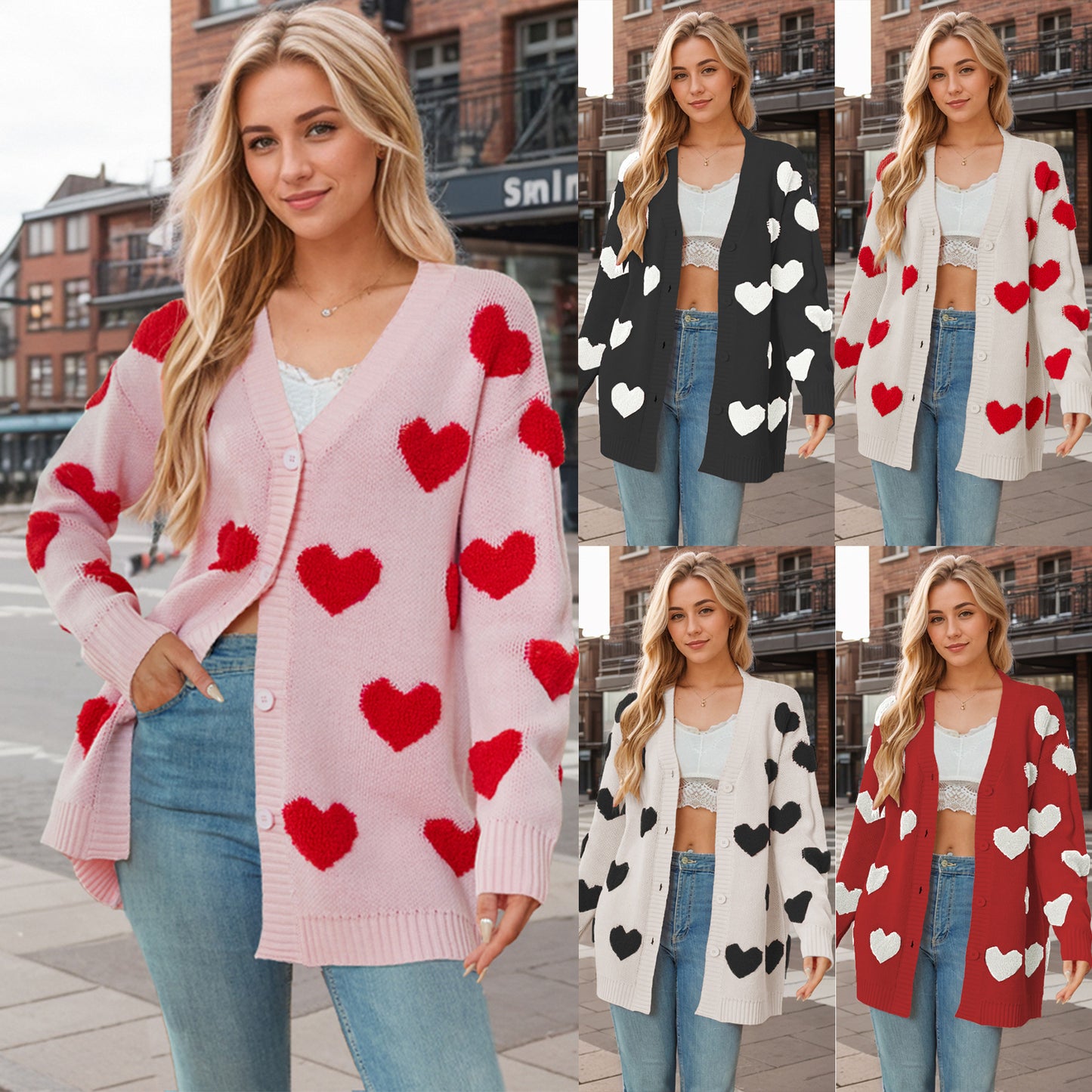 Heart Knitted Cardigan V-neck Buttons Mid-length Coat For Women