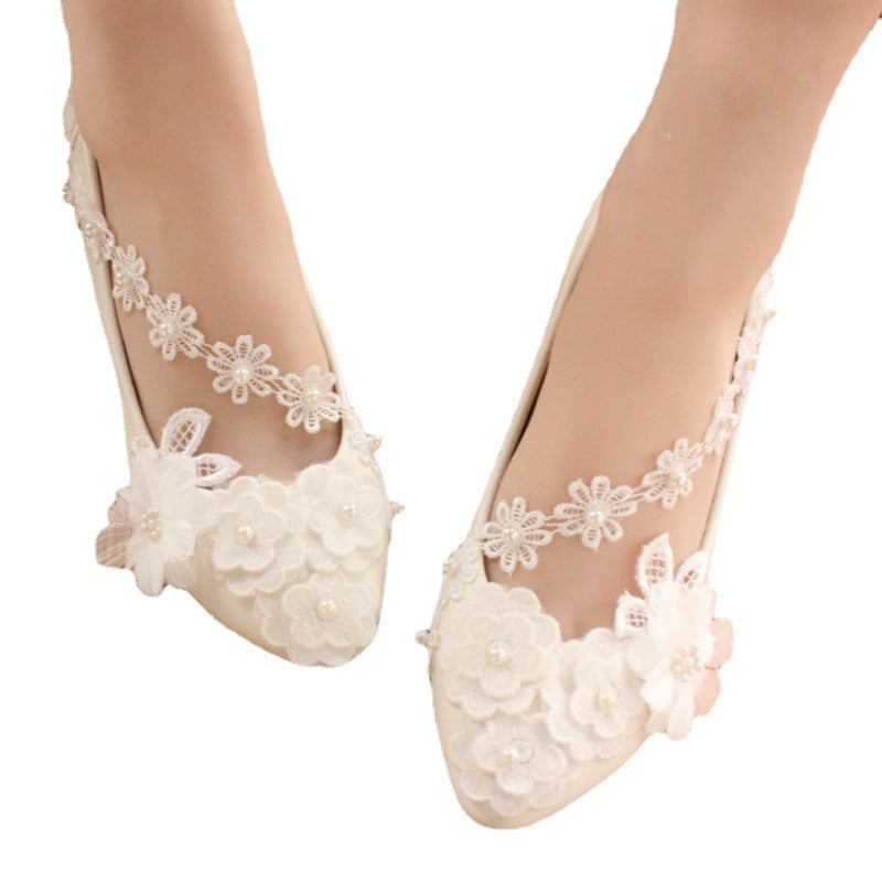 White Large Lace Low Heel Wedding Dress 3D Flower Women's Shoes