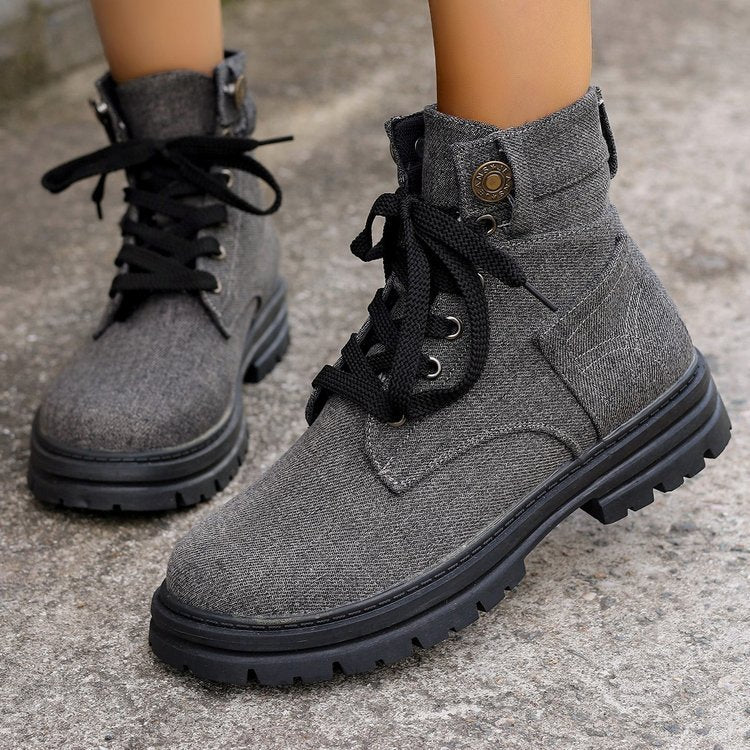 Lace-up Denim Ankle Boots Women Fashion Platform Cowboy Boots Casual Fashion Autumn Winter Round Toe Shoes