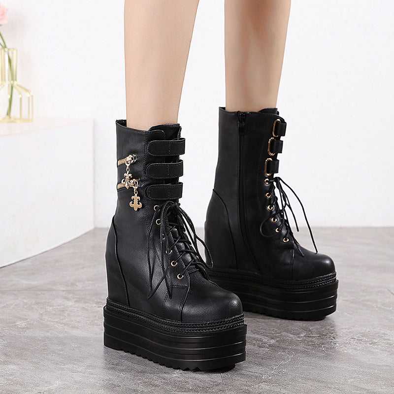 Female New Style Of All Kinds Of Internal Increased Wedge-heeled Platform Ankle Boots High Heel