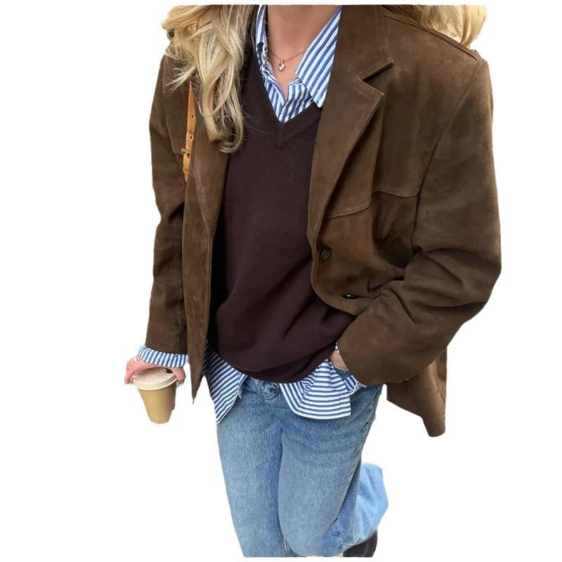 Women's Artistic Retro Fashion Brown Lapel Jacket With Pockets