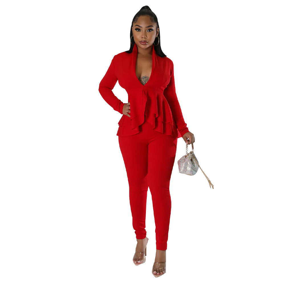 V-neck Flounce Long Sleeve Pencil Pants Suit