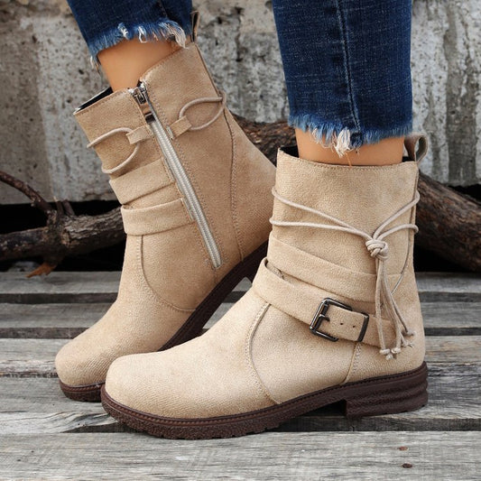 Round Toe Buckle Shoes Casual Retro Boots With Side Zipper Low Heel Outdoor Non Slip Ankle Boots For Women