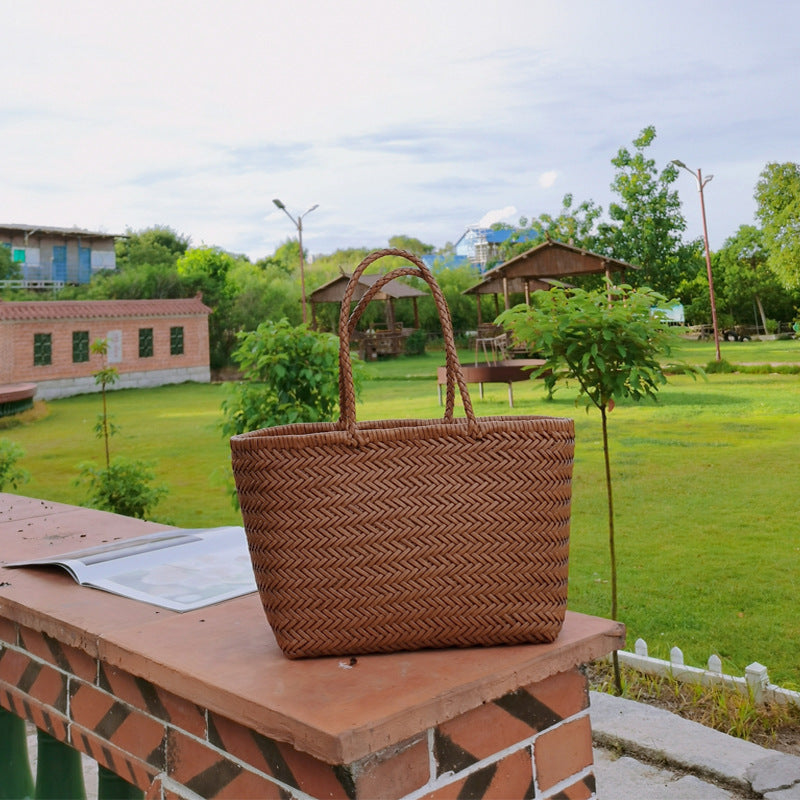 Woven French Vegetable Basket Wrapped Leather Handmade