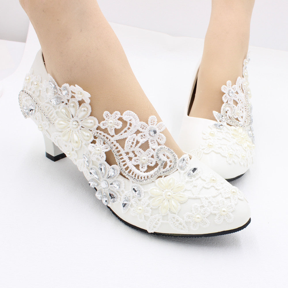 White High-heeled Wedding Shoes Lace Rhinestone Bridal