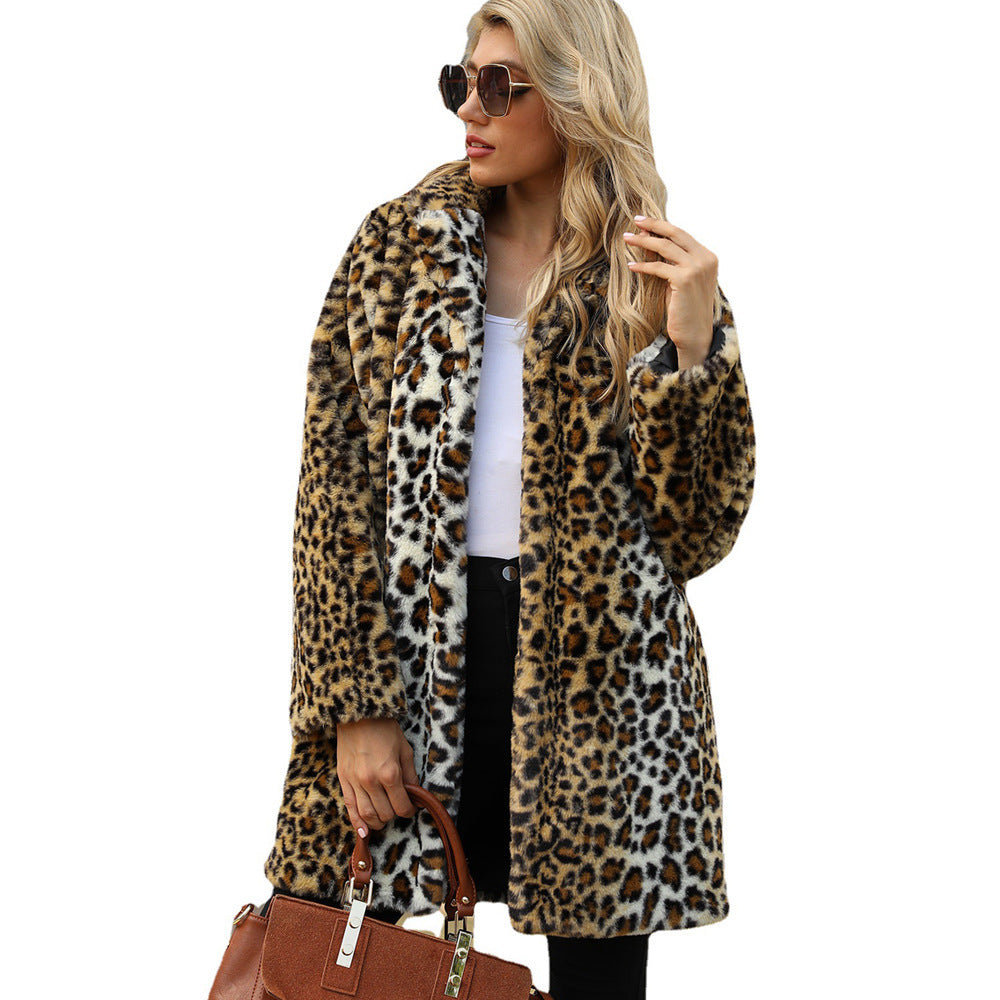 European And American Leopard Print Stud For Autumn And Winter Suit Collar Artificial Fur Coat