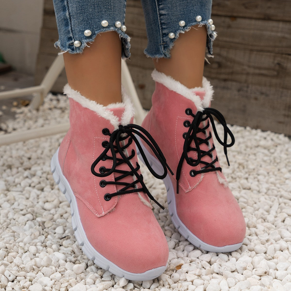 Lace-up Flats Plush Shoes Fashion Women's Boots