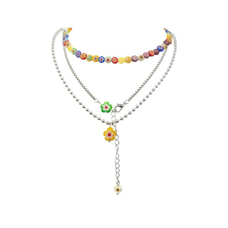 925 Silver Small Flower Color Clavicle Necklace Light Luxury Minority Women's Design Beaded