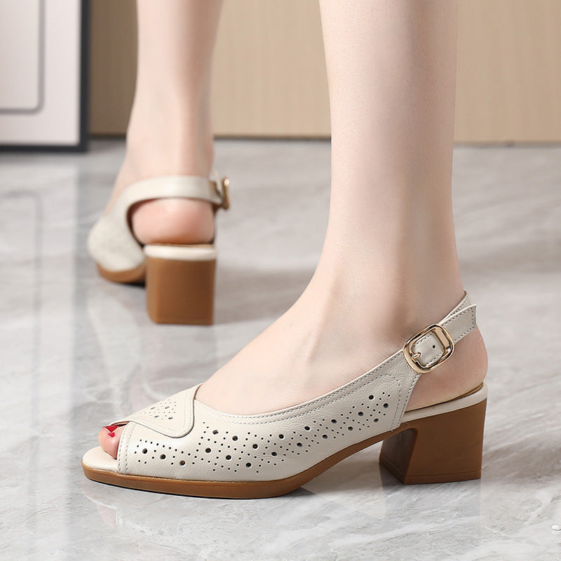 Summer New Style Buckle Chunky Heel Authentic Leather Hollow Out Women