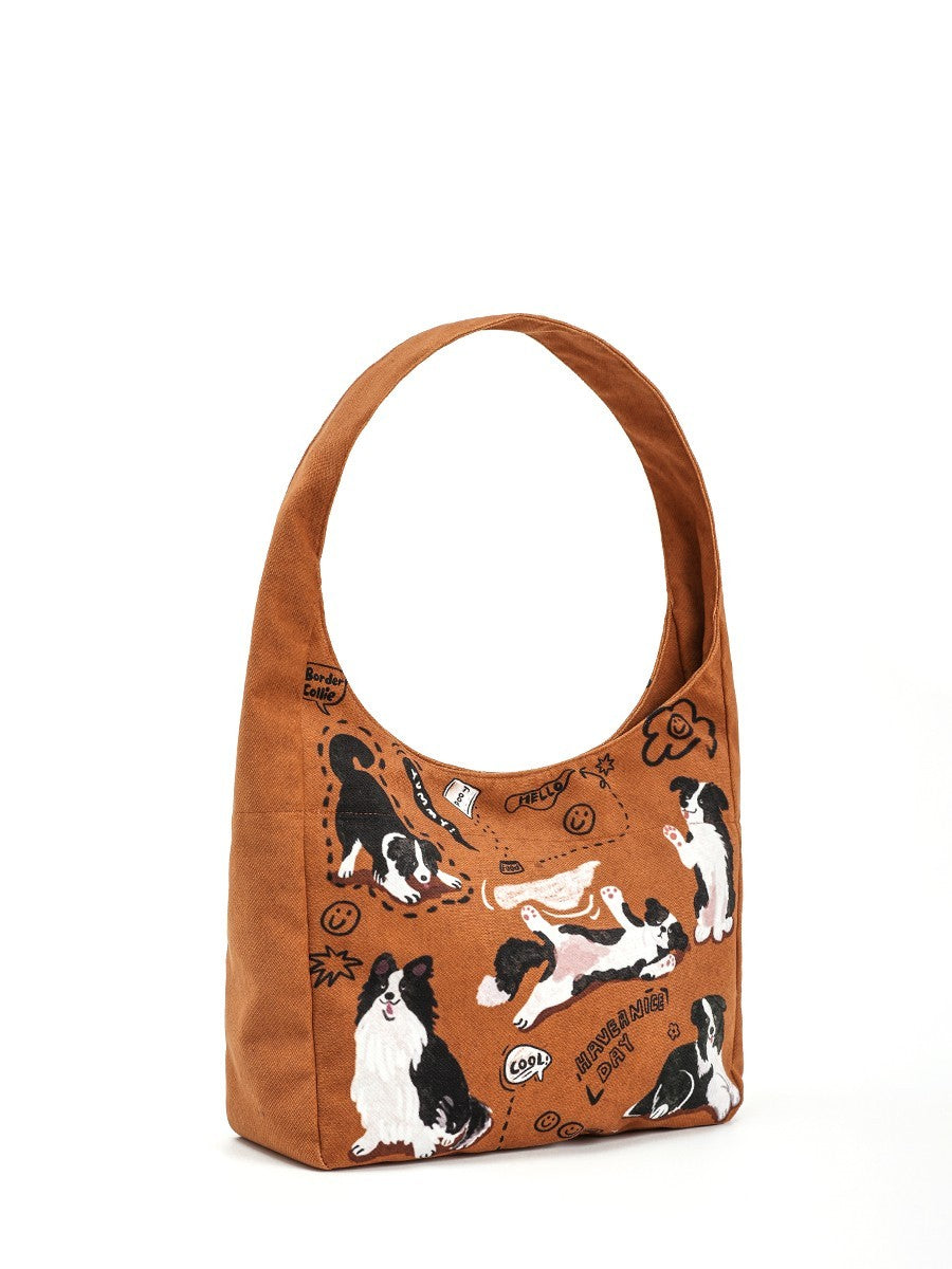 Retro Shoulder Puppy Printed Large Capacity Casual Canvas Bag