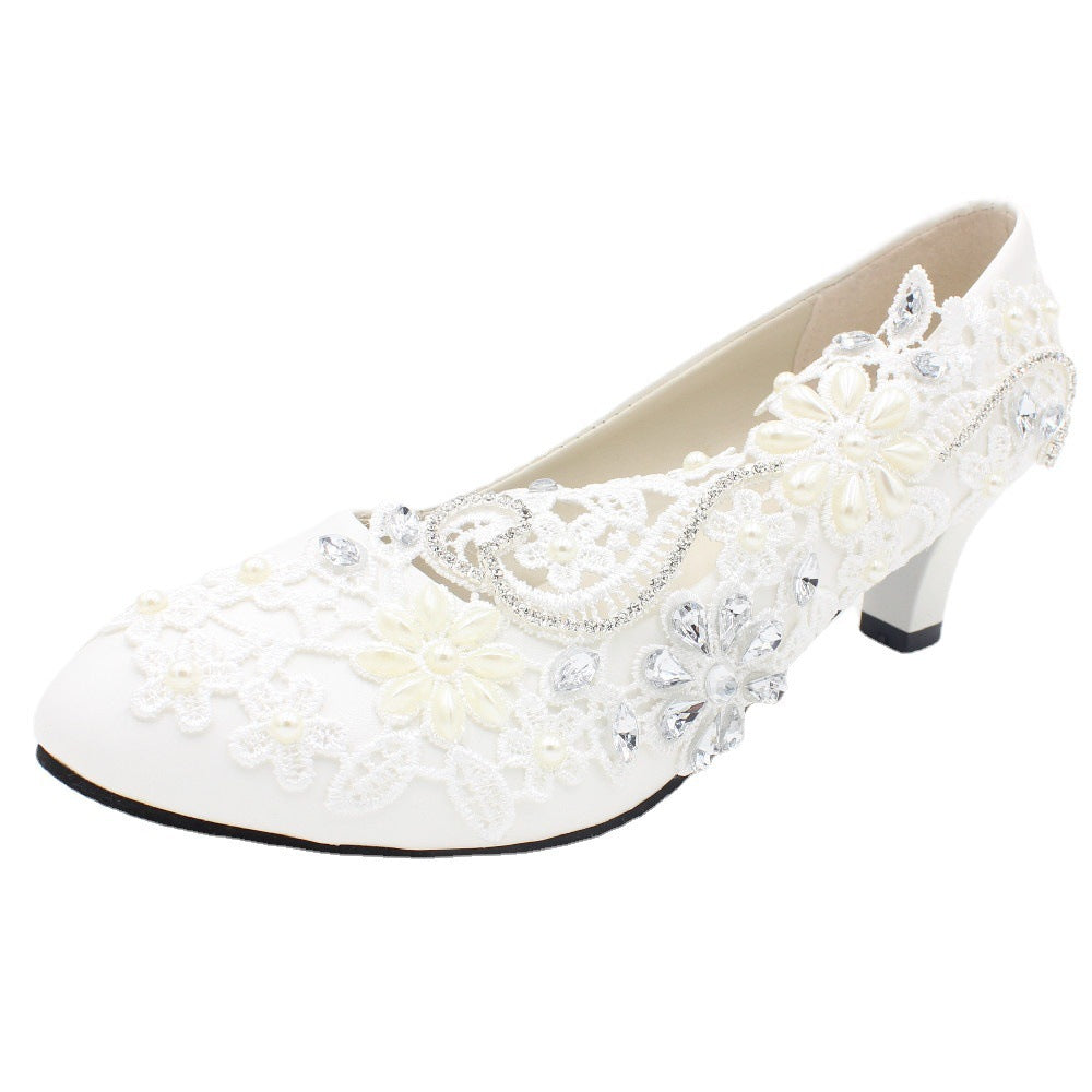 White High-heeled Wedding Shoes Lace Rhinestone Bridal