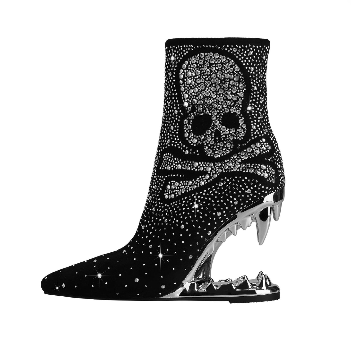 Pointed Toe Rhinestone Tiger Tooth Profiled Heel Skull Booties