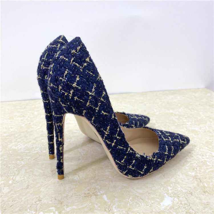 New Woven High Heel Shoes 12CM Pointed Stiletto Heel Shallow Mouth