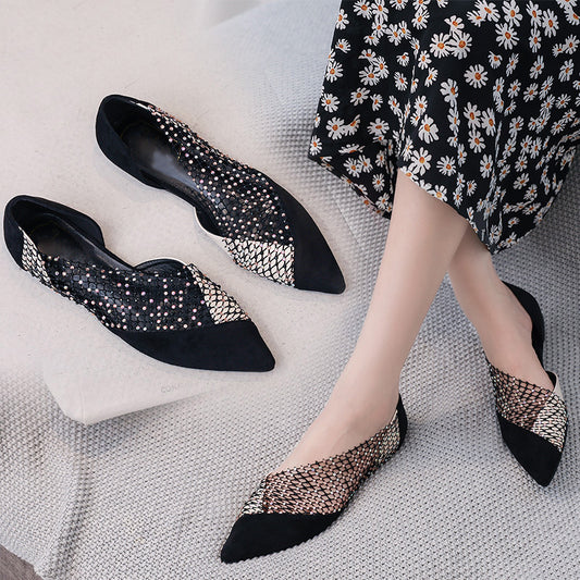 Side-empty Flat Shoes Women's Pointed Baotou Rhinestones