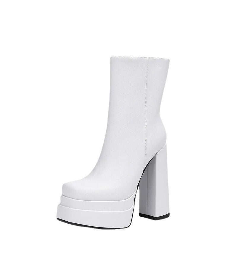 Women's Round Head Thick High Heel Medium Boots