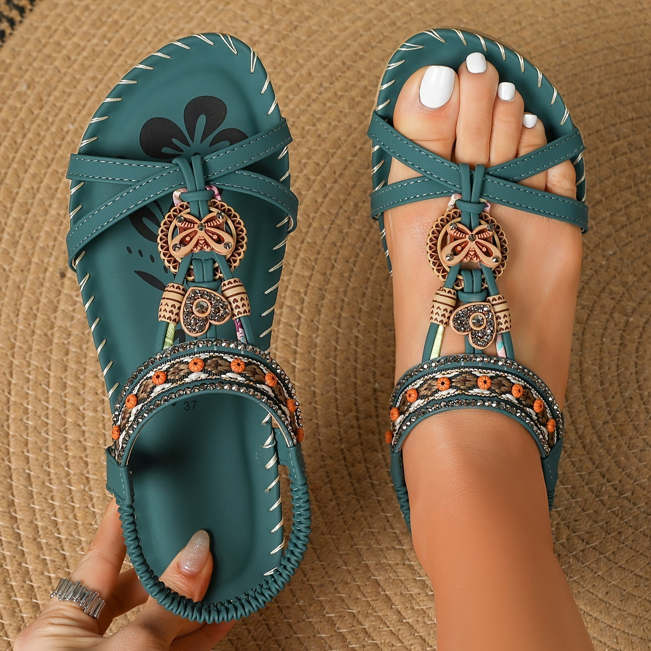 Sandalias planas con flores y diamantes de imitación para mujer, talla grande