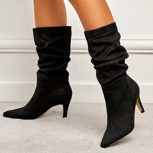 Women's Plus Size Wrinkled Suede Stiletto Heel Boots