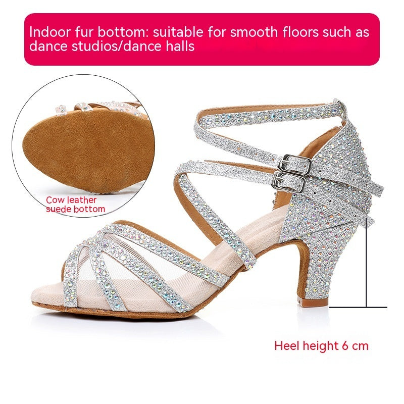 Diamond Latin Dance Shoes Women's Sandals Professional Soft Bottom Dance Shoes Mid-high Heelindoor