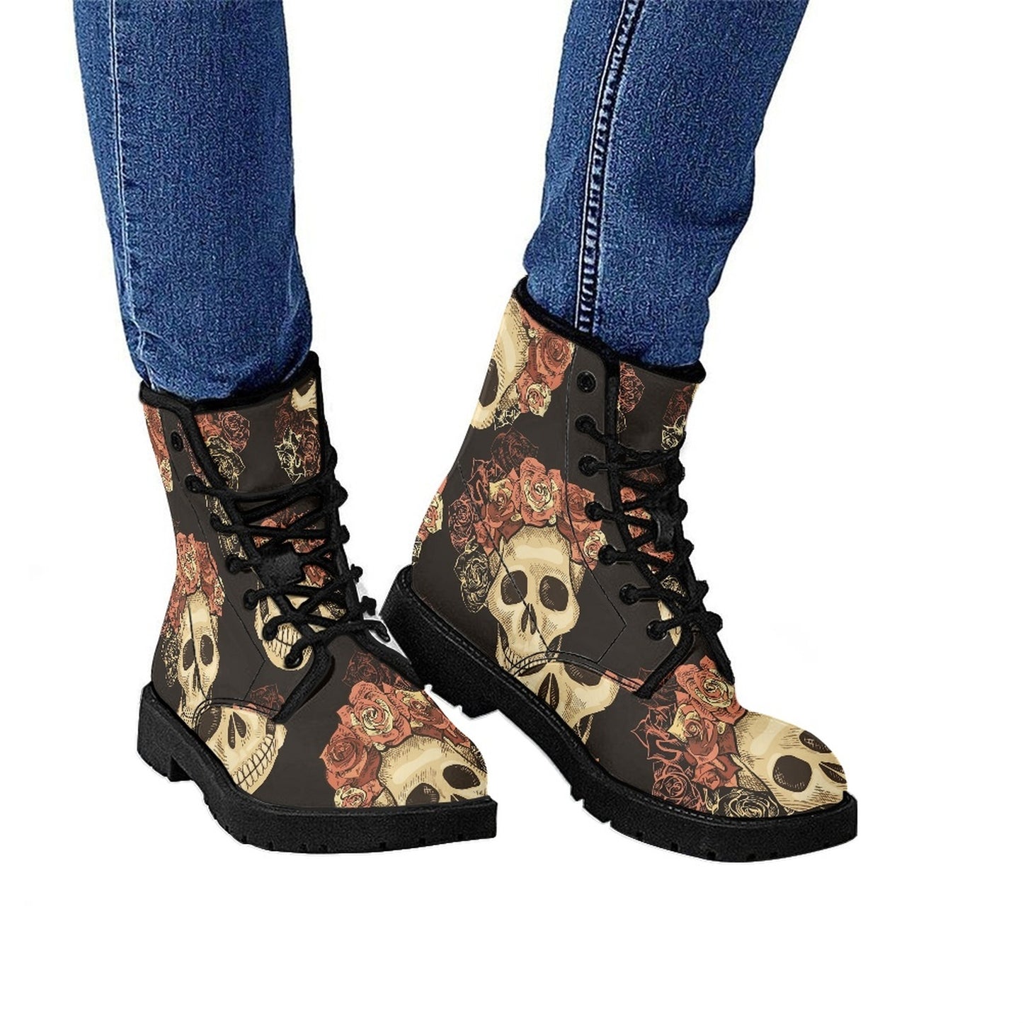 Printed Women's Leather Flat Bottom Low Heel British Martin Boots