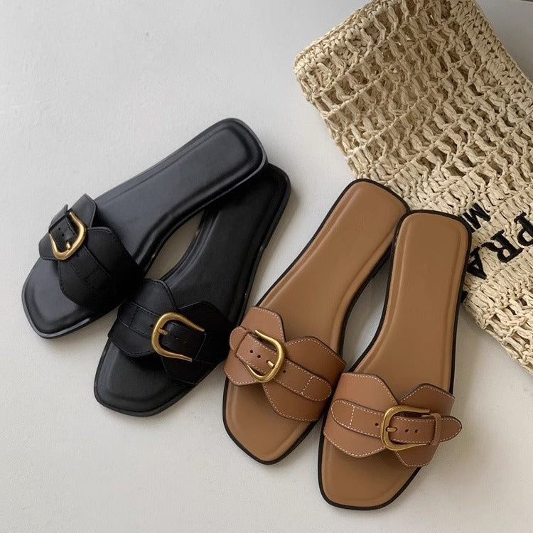 French Flat Slippers Women's Summer Wear Retro Buckle Sandals Lazy Casual Vacation Beach Shoes