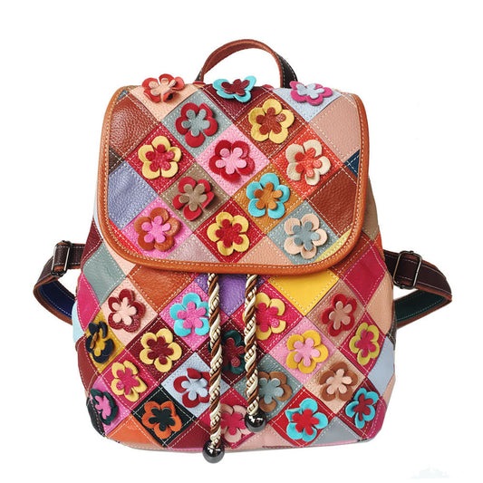 Mochila de cuero para mujer con diseño retro de rombos y costuras