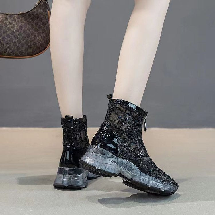 Thin Rhinestone Front Zipper Martin Boots Female Mesh Yarn