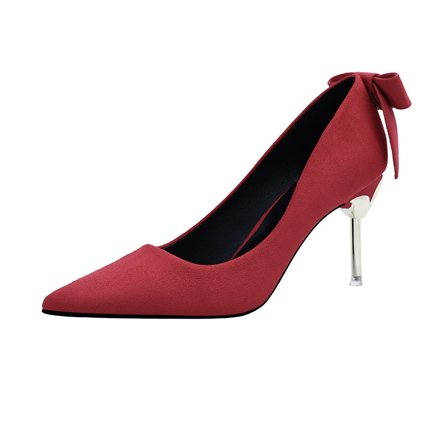 Korean Fashion Suede Pointed Bow Shallow Mouth Fine With Sexy High-heeled Shoes