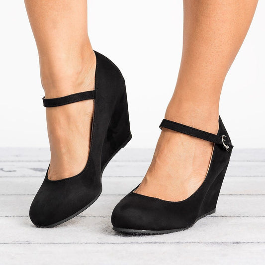 Zapatos de cuña con tacón alto y plataforma con hebilla negra para mujer