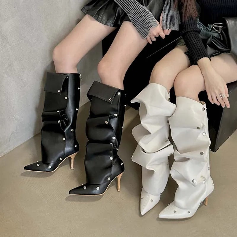 Women's Fashion Buckle Stitching Stiletto Heel Denim Pleated Pile Style Boots