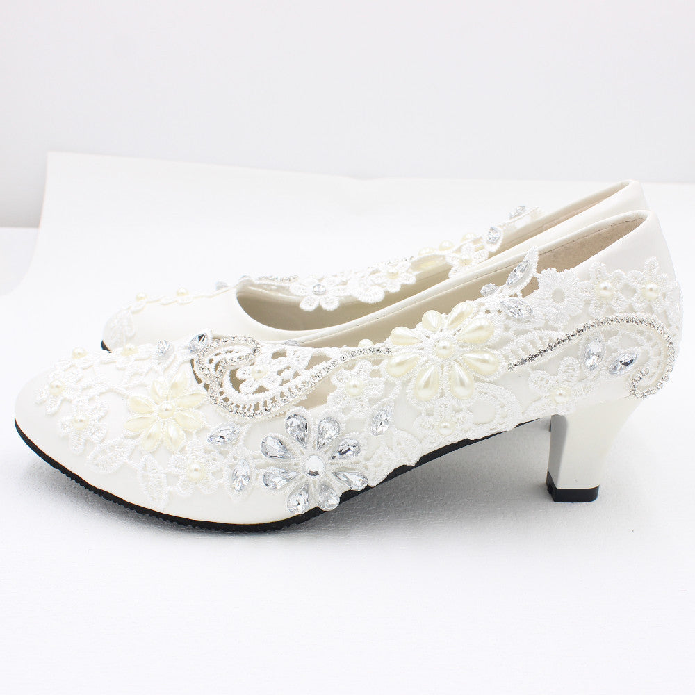 White High-heeled Wedding Shoes Lace Rhinestone Bridal