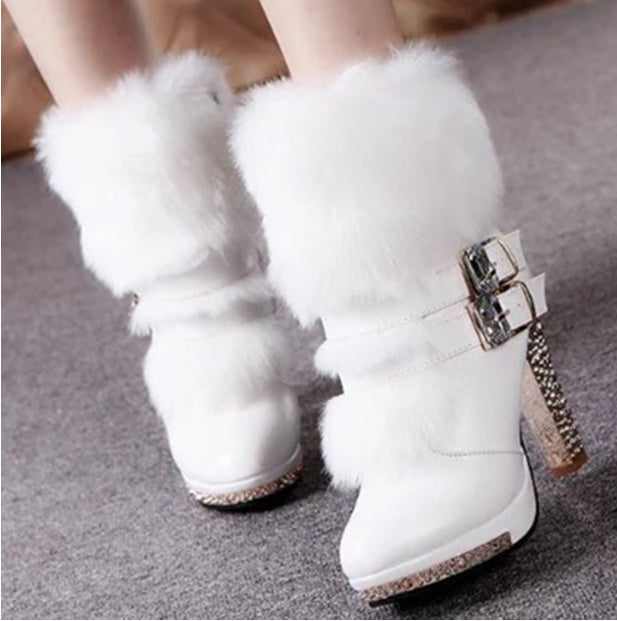 Chunky Heel High Heel Mid-calf Leather And Fur Integrated Rhinestone Women's Boots