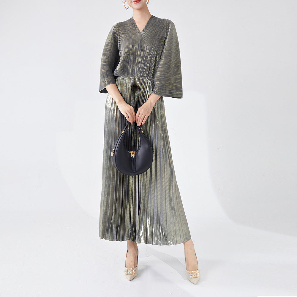 Robe à col en V pour femme - Robe tendance plissée en bronzage