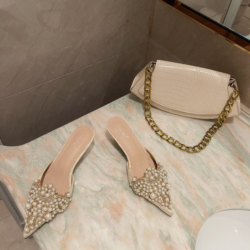 Fashion Pointed Pearl Half Stiletto Closed Toe Mid Heel Slippers