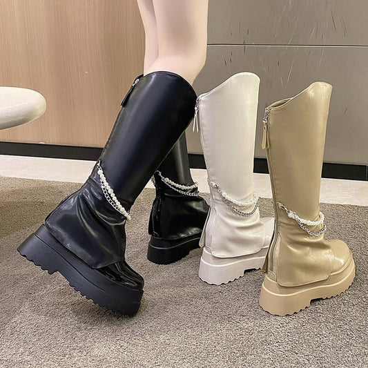 High 10cm Inner Heightening Pant Leg Boots Pearl Chain But Knee Knight Boots