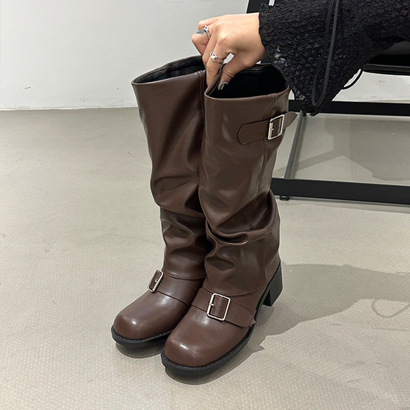 Below The Knee Long Boots Female Chunky Heel Round Head