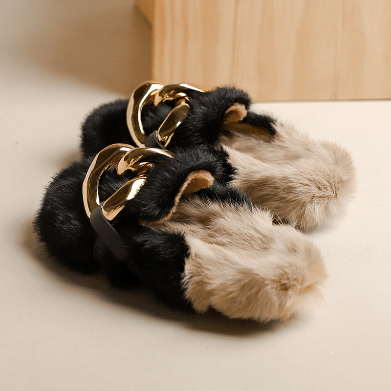 Women's Fashion Outerwear Fleece-lined Mink Fur Platform Slippers